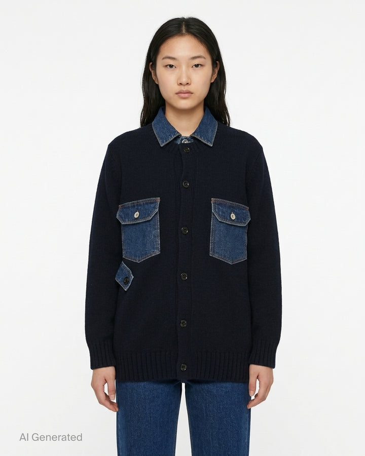 sacai Denim Contrast Wool Knit Cardigan in navy, featuring an indigo denim collar, double chest patch pockets with snap closures, and a button-front fastening - front