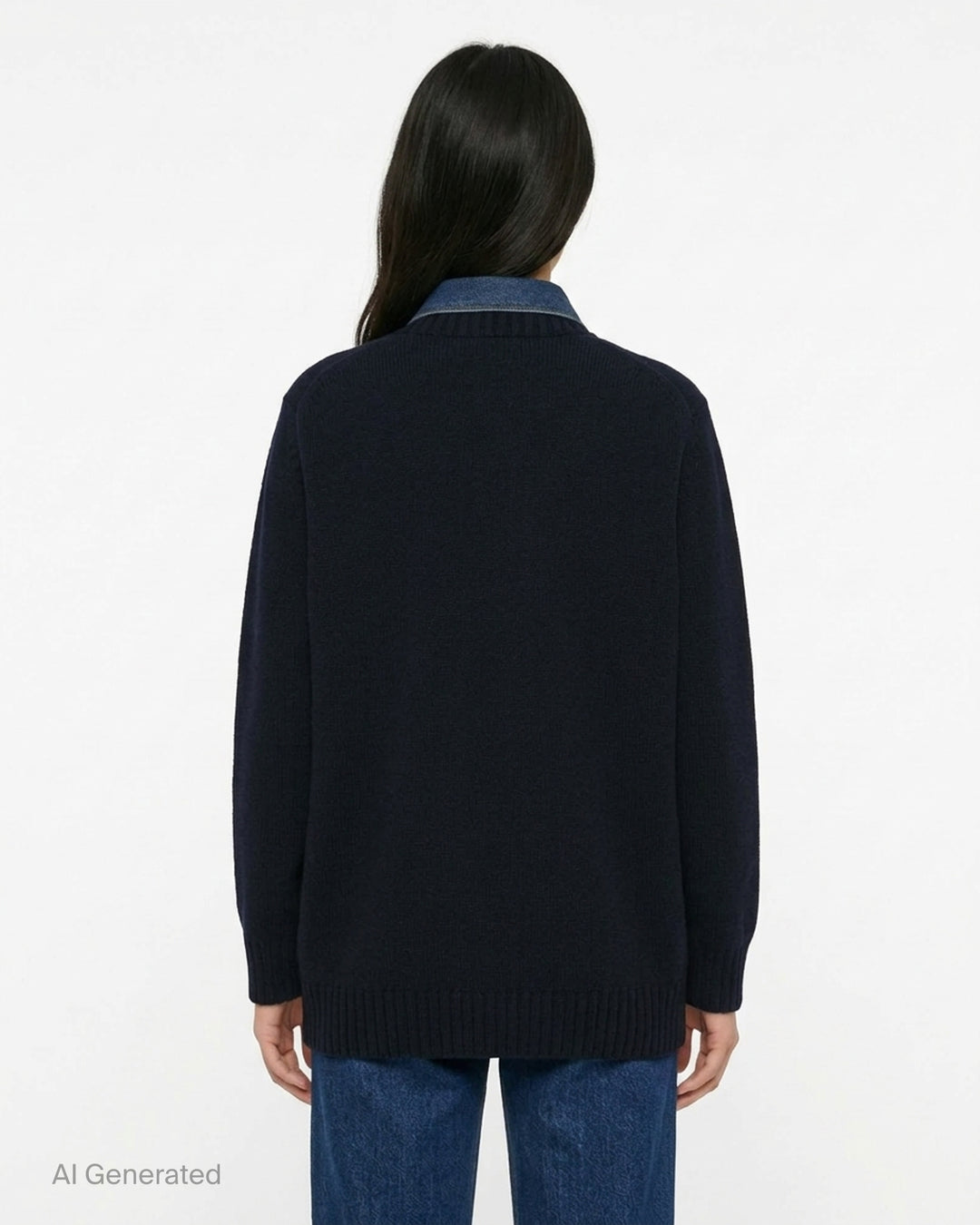 sacai Denim Contrast Wool Knit Cardigan in navy, featuring an indigo denim collar, double chest patch pockets with snap closures, and a button-front fastening - back