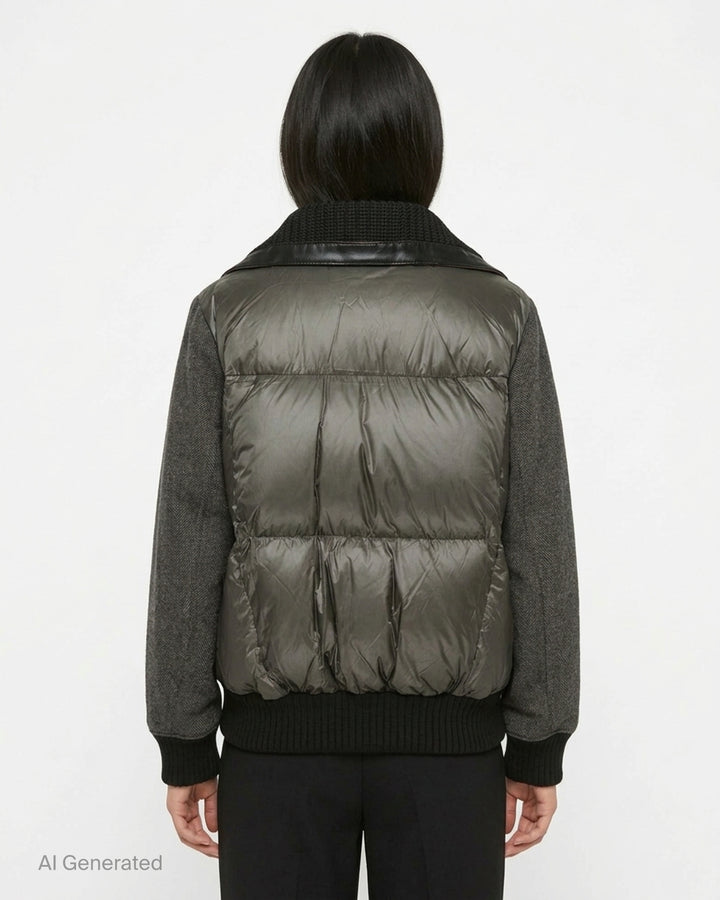 sacai double-faced herringbone bomber jacket in grey with black chunky knit collar, leather trim, asymmetric snap placket, and ribbed cuffs and hem - back