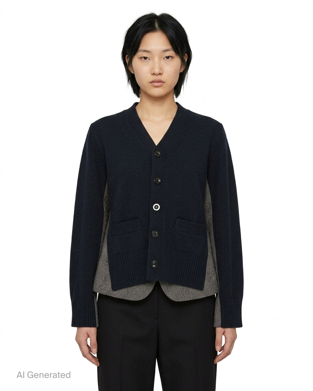 sacai Double-Faced Herringbone Cardigan in navy knit and brown herringbone tweed, shown flat with button-through front and ribbed trim detailing - front
