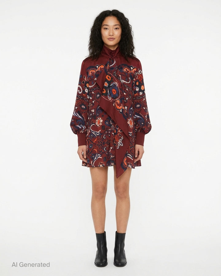 sacai burgundy satin mini dress with navy, orange and cream paisley floral print, high collar, draped scarf panel and balloon sleeves - front