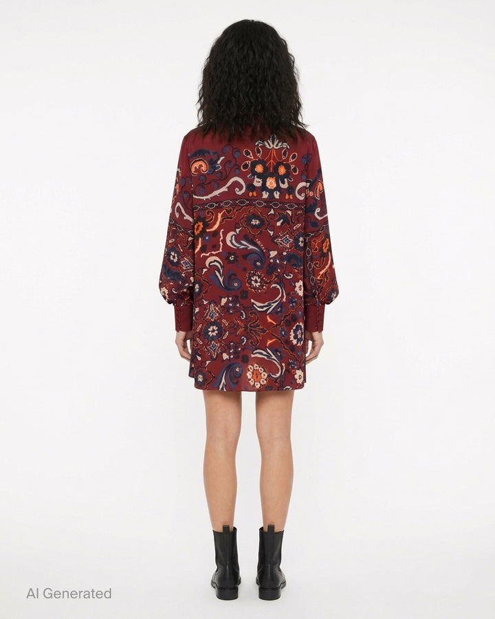 sacai burgundy satin mini dress with navy, orange and cream paisley floral print, high collar, draped scarf panel and balloon sleeves - back