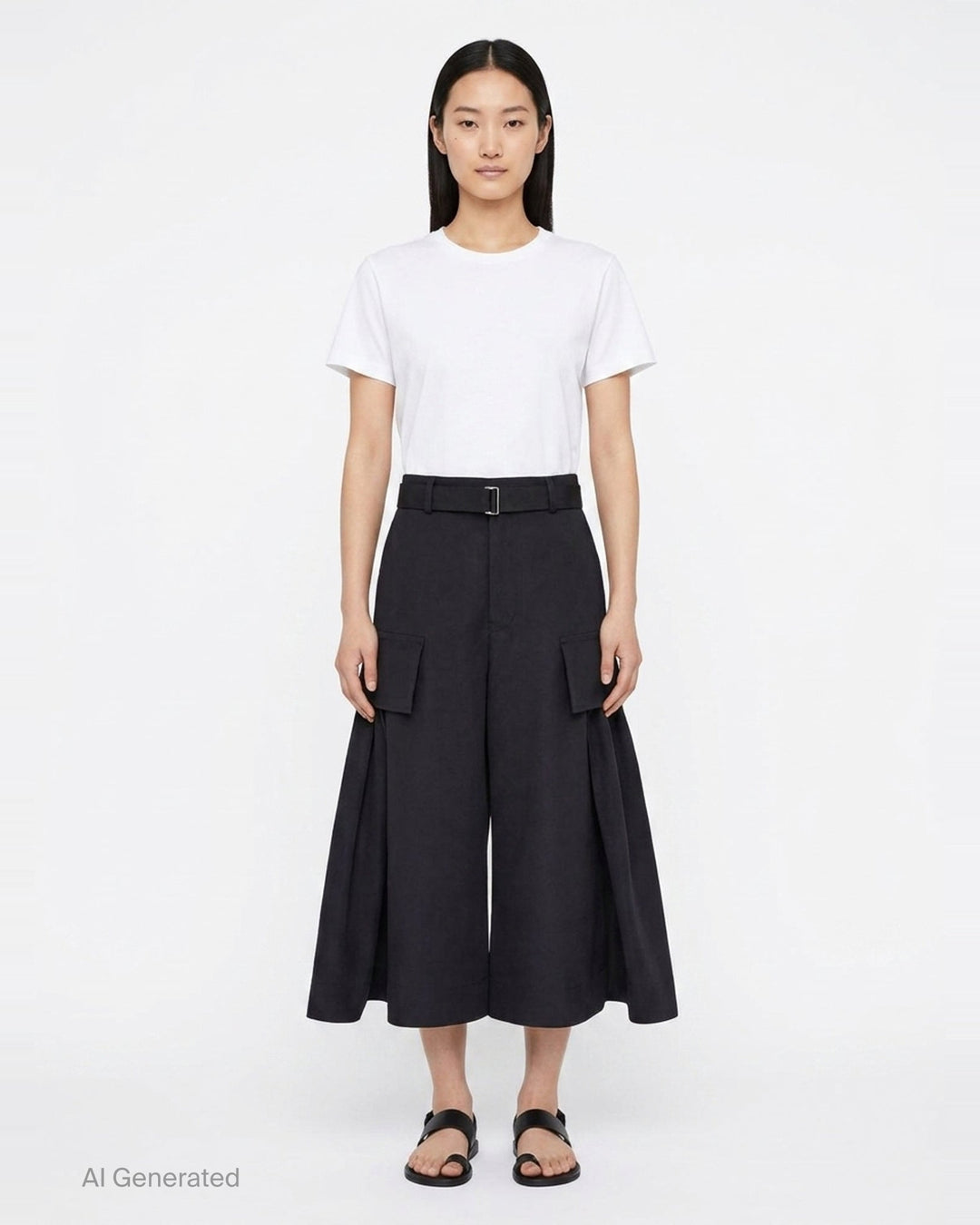 sacai Grosgrain Belted Wide-Leg Pants in black — high-waist pleated culottes with cargo patch pockets and integrated grosgrain belt, front view - front