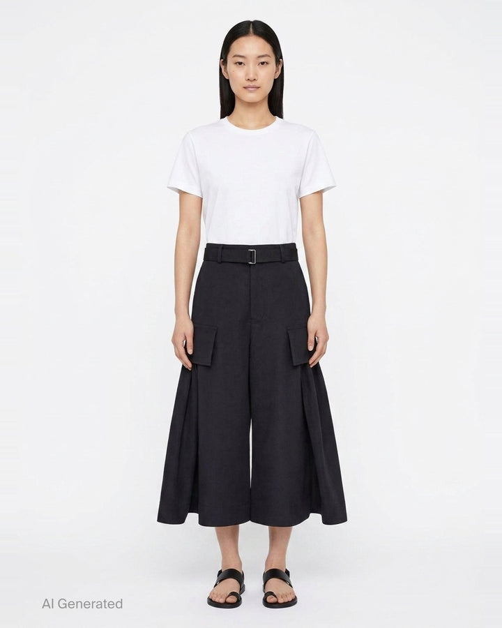 sacai Grosgrain Belted Wide-Leg Pants in black — high-waist pleated culottes with cargo patch pockets and integrated grosgrain belt, front view - front
