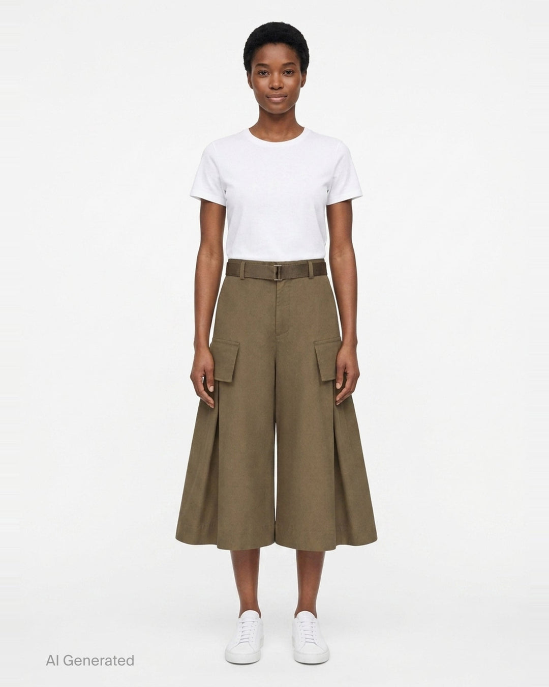 sacai Grosgrain Belted Wide-Leg Pants in black — high-waist pleated culottes with cargo patch pockets and integrated grosgrain belt, front view - front