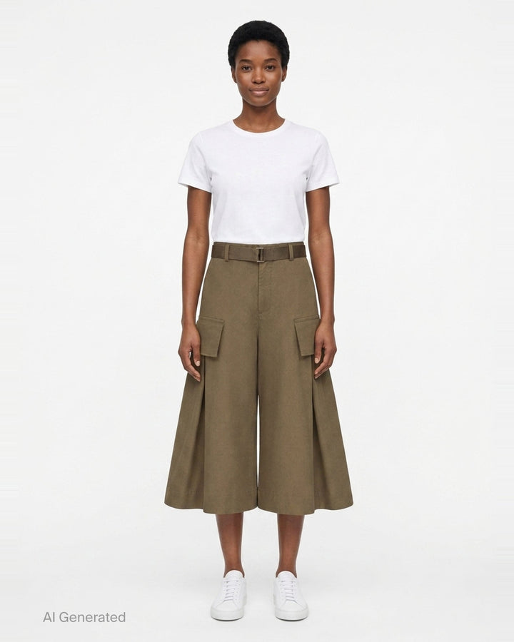 sacai Grosgrain Belted Wide-Leg Pants in black — high-waist pleated culottes with cargo patch pockets and integrated grosgrain belt, front view - front