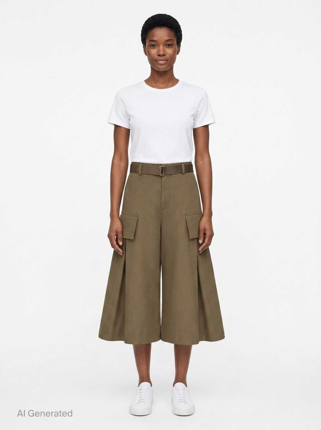 sacai Grosgrain Belted Wide-Leg Pants in black — high-waist pleated culottes with cargo patch pockets and integrated grosgrain belt, front view - front