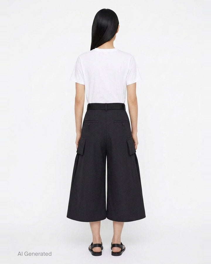 sacai Grosgrain Belted Wide-Leg Pants in black — high-waist pleated culottes with cargo patch pockets and integrated grosgrain belt, front view - back