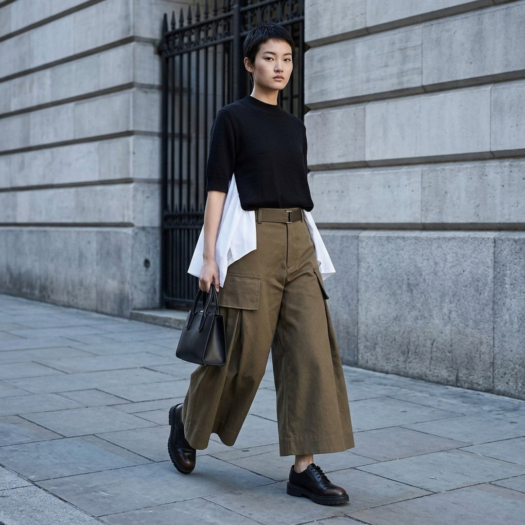 sacai Grosgrain Belted Wide-Leg Pants in black — high-waist pleated culottes with cargo patch pockets and integrated grosgrain belt, front view - lifestyle
