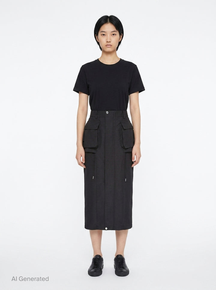 sacai Grosgrain Bonding Cargo Skirt in black, featuring oversized double-stacked cargo pockets, drawstring detail, and a high-rise pencil-cut midi silhouette - front