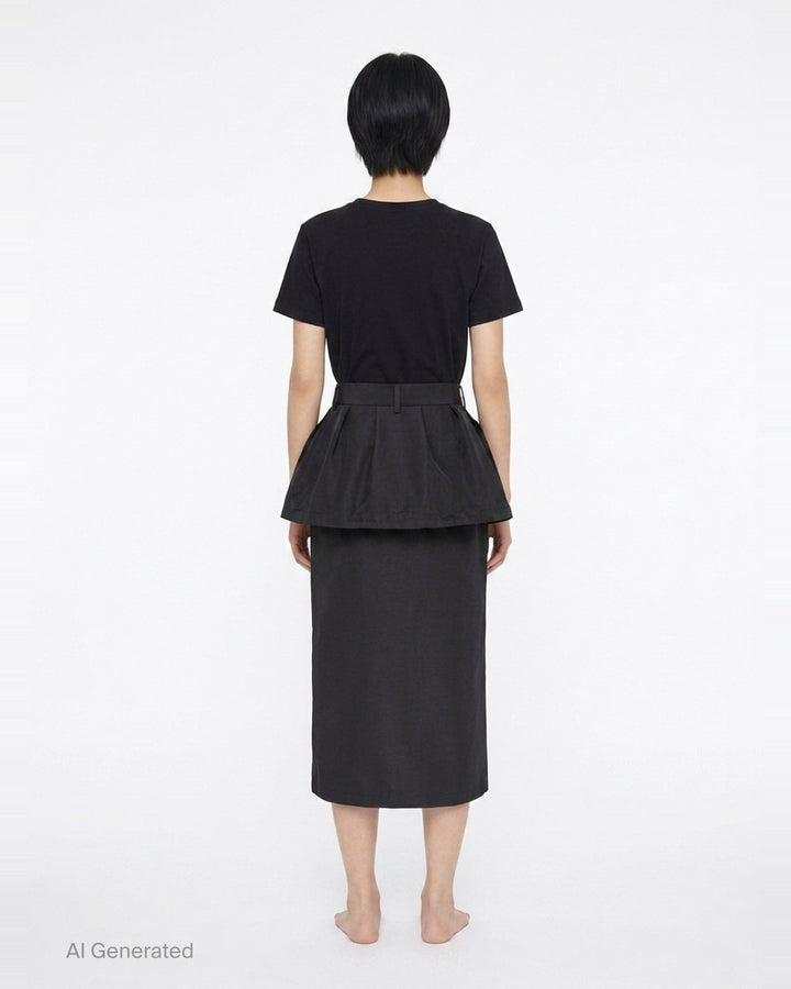 sacai Grosgrain Bonding Cargo Skirt in black, featuring oversized double-stacked cargo pockets, drawstring detail, and a high-rise pencil-cut midi silhouette - back