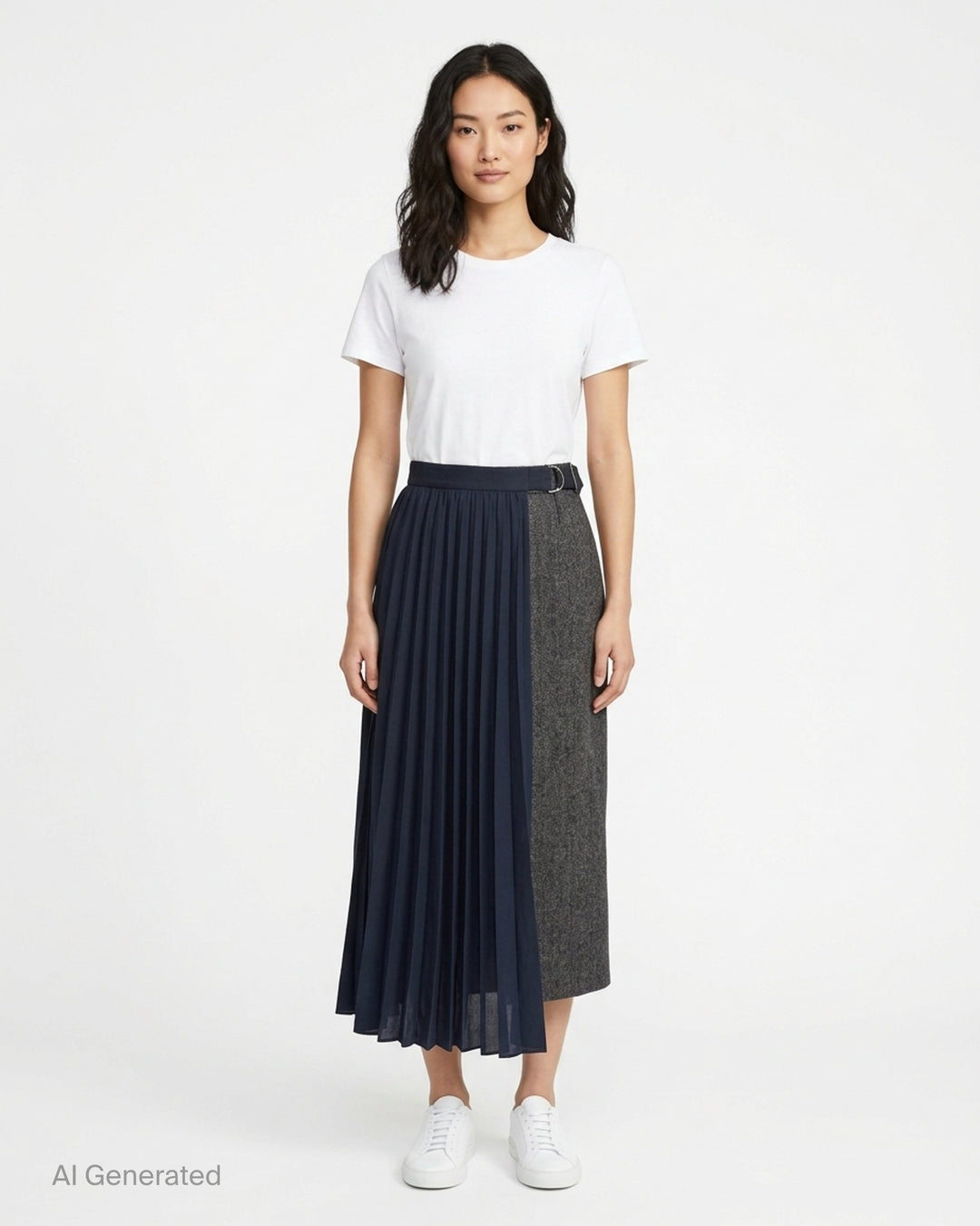 sacai herringbone pleated midi skirt combining a grey herringbone tweed panel with fluid knife-pleated navy fabric and a silver-tone belt buckle at the waistband - front