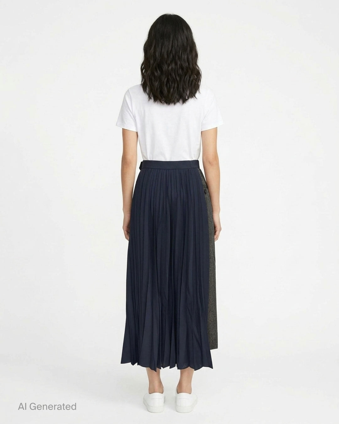sacai herringbone pleated midi skirt combining a grey herringbone tweed panel with fluid knife-pleated navy fabric and a silver-tone belt buckle at the waistband - back