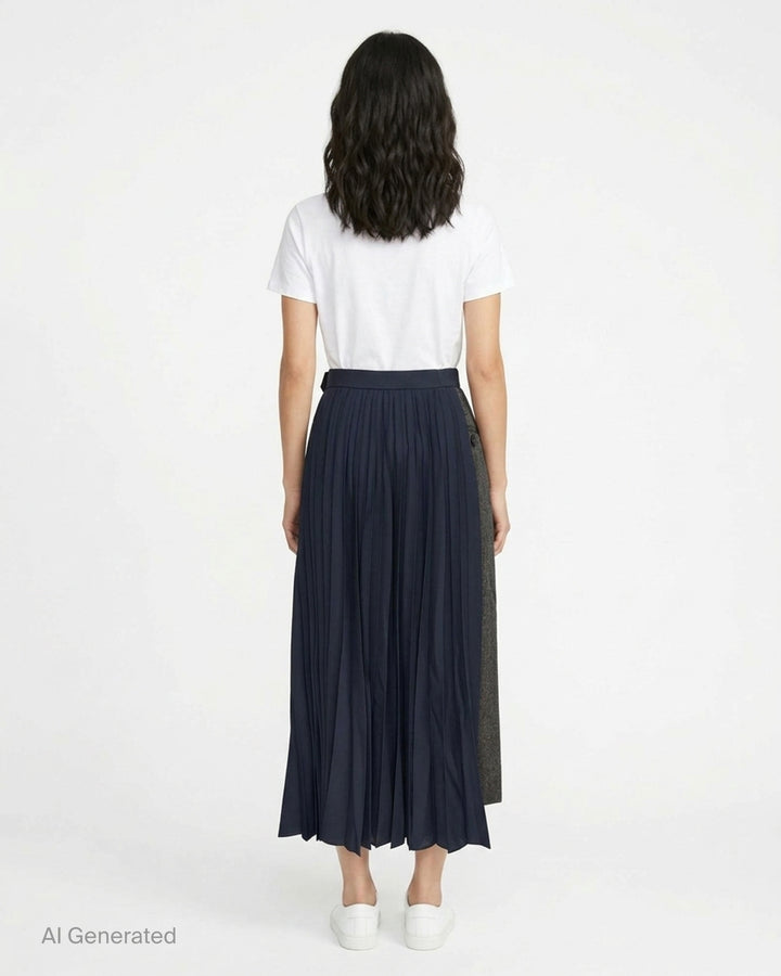 sacai herringbone pleated midi skirt combining a grey herringbone tweed panel with fluid knife-pleated navy fabric and a silver-tone belt buckle at the waistband - back