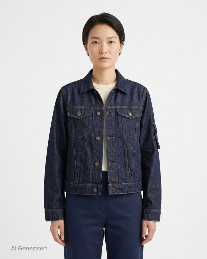 sacai x Levi's women's blue denim blouson jacket with bomber collar, exposed front zip, gold buttons, chest flap pockets and sleeve zip pocket - front