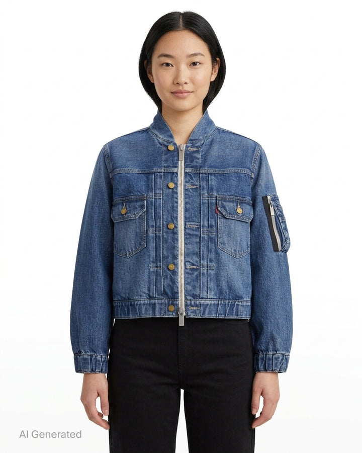 sacai x Levi's women's blue denim blouson jacket with bomber collar, exposed front zip, gold buttons, chest flap pockets and sleeve zip pocket - front