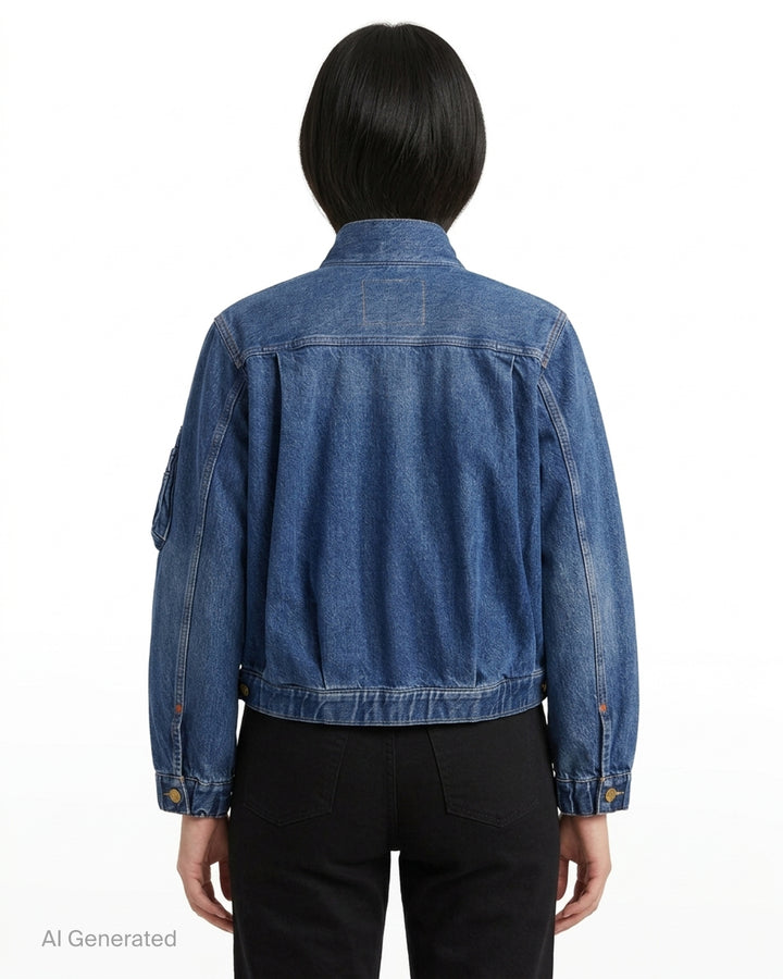 sacai x Levi's women's blue denim blouson jacket with bomber collar, exposed front zip, gold buttons, chest flap pockets and sleeve zip pocket - back
