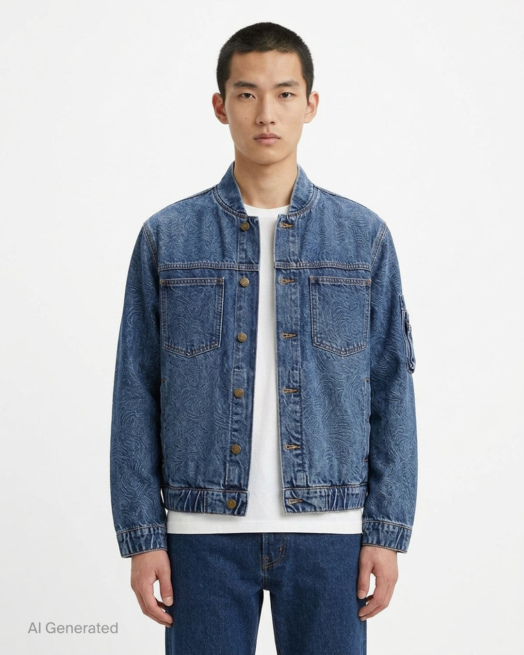 sacai x Levi's denim blouson jacket in stonewashed indigo with white zip front, flap chest pockets and sleeve zip pocket - front