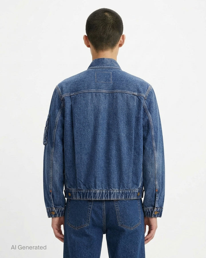 sacai x Levi's denim blouson jacket in stonewashed indigo with white zip front, flap chest pockets and sleeve zip pocket - back