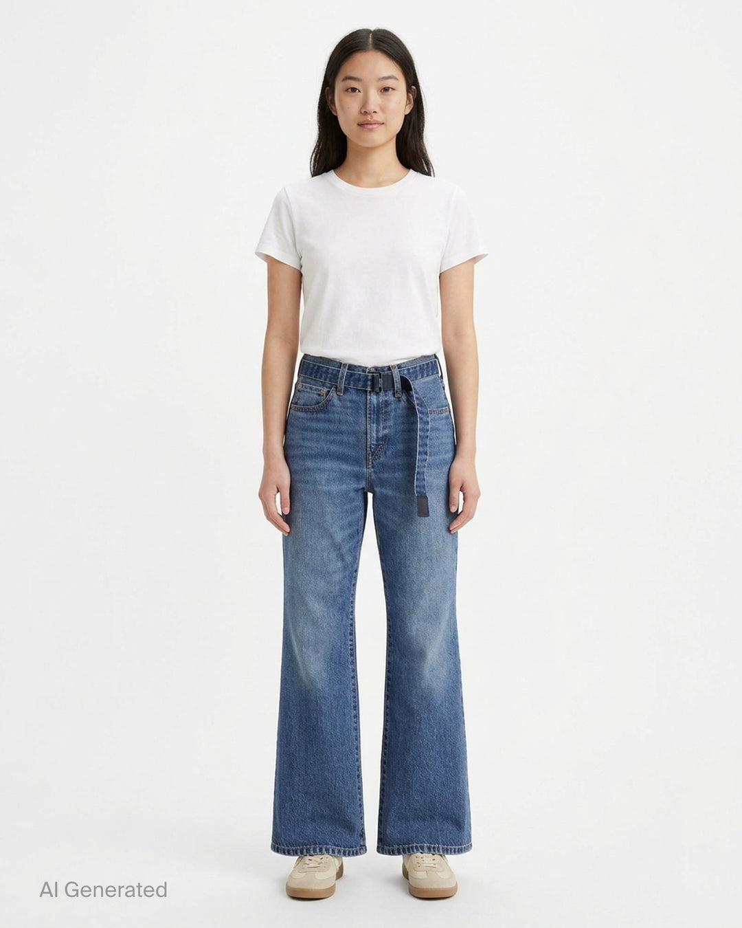 sacai x Levi's mid-blue washed flare jeans with an integrated black woven belt, shown from the front - front