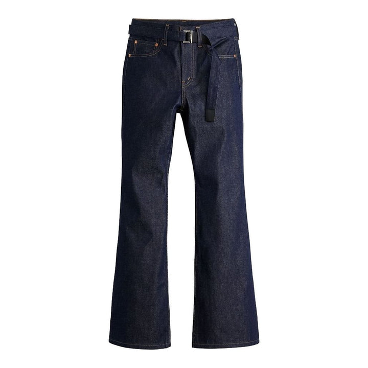 sacai x Levi's mid-blue washed flare jeans with an integrated black woven belt, shown from the front - packshot