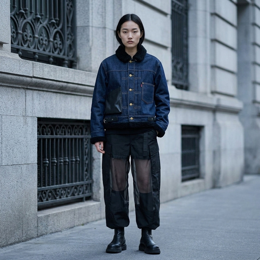 sacai x Levi's women's indigo denim trucker jacket with cream sherpa collar, cuffs and hem, leather patch pocket and buckled side straps - lifestyle