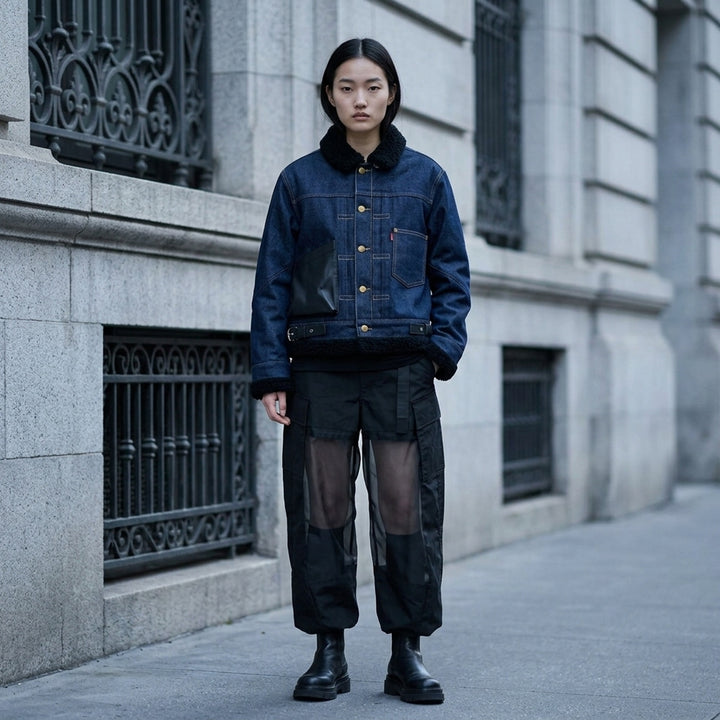 sacai x Levi's women's indigo denim trucker jacket with cream sherpa collar, cuffs and hem, leather patch pocket and buckled side straps - lifestyle