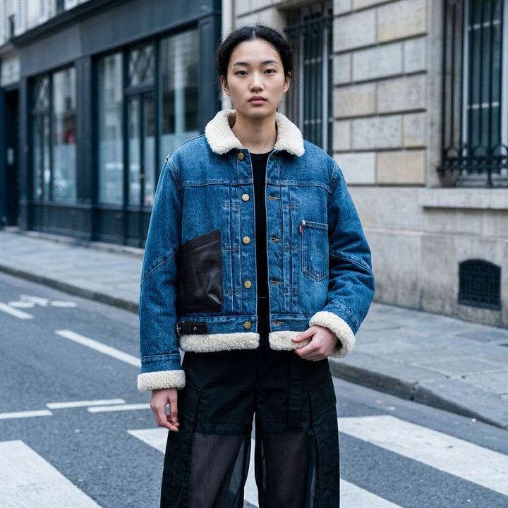 sacai x Levi's women's indigo denim trucker jacket with cream sherpa collar, cuffs and hem, leather patch pocket and buckled side straps - lifestyle