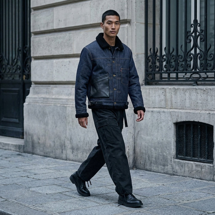 sacai Holiday Capsule mid-blue denim blouson with brown sherpa collar, cuffs and hem, an oversized leather front pocket and buckled side straps - lifestyle