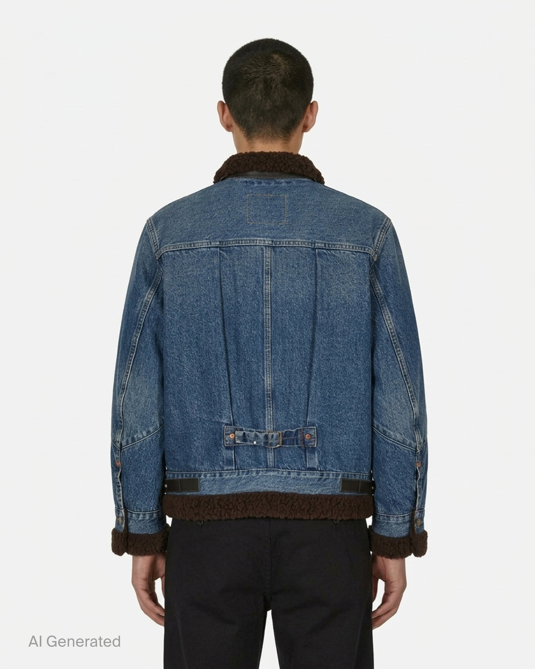 sacai Holiday Capsule mid-blue denim blouson with brown sherpa collar, cuffs and hem, an oversized leather front pocket and buckled side straps - back