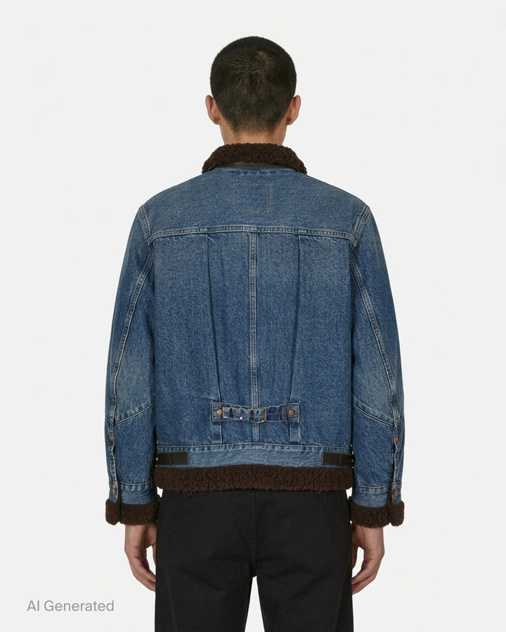 sacai Holiday Capsule mid-blue denim blouson with brown sherpa collar, cuffs and hem, an oversized leather front pocket and buckled side straps - back