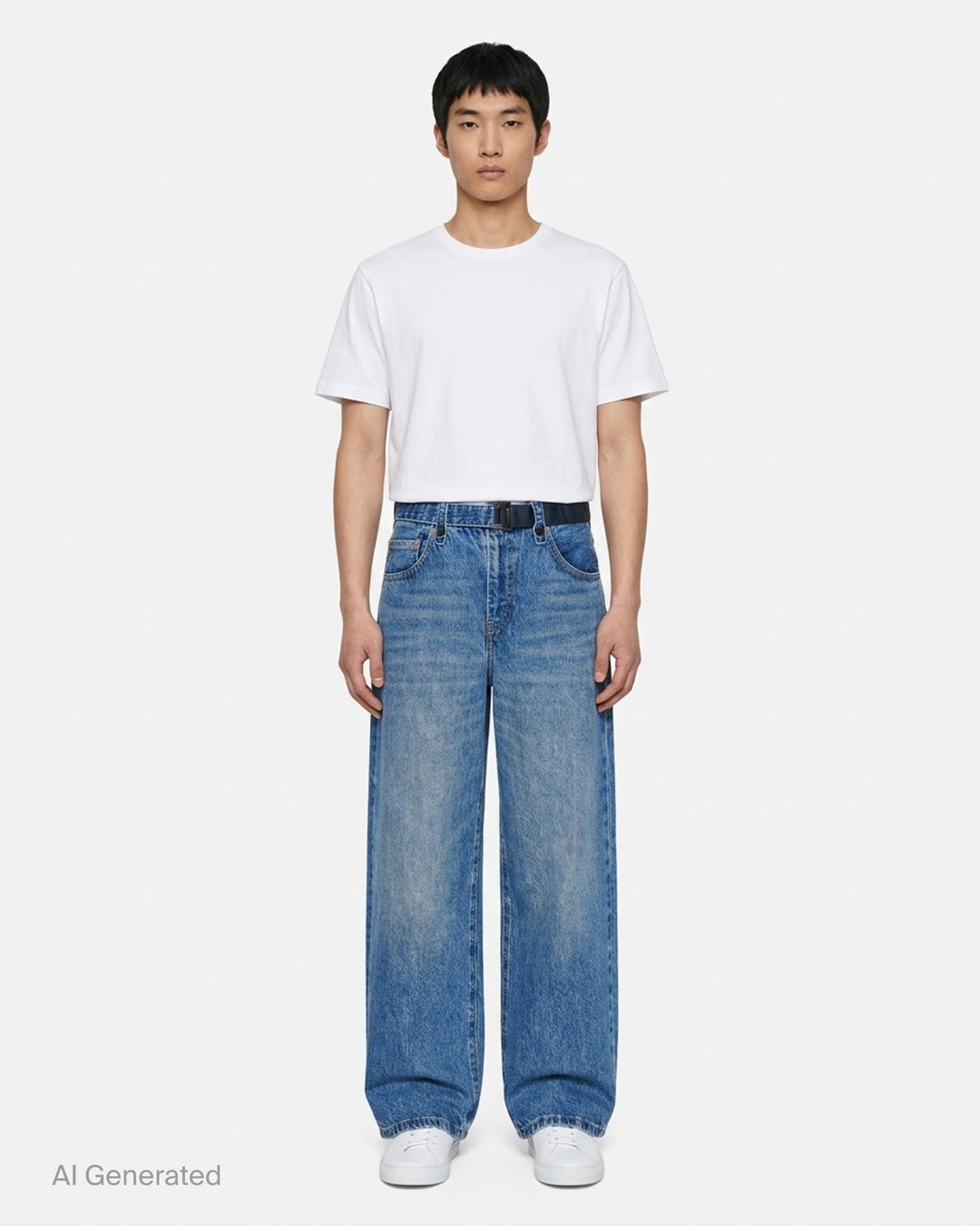 sacai wide-leg washed blue jeans with layered waistband and black belt with metal buckle, shown from the front - front
