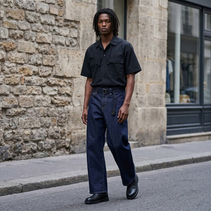 sacai wide-leg washed blue jeans with layered waistband and black belt with metal buckle, shown from the front - lifestyle