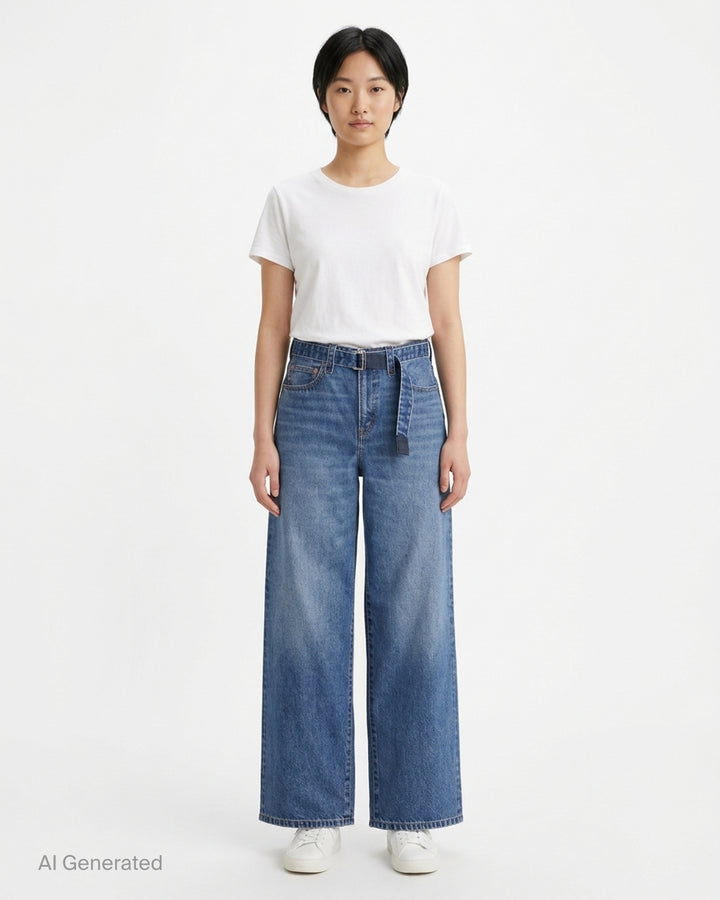 sacai x Levi's wide-leg mid-wash blue jeans with layered waistband and integrated webbing belt, shown flat from the front - front