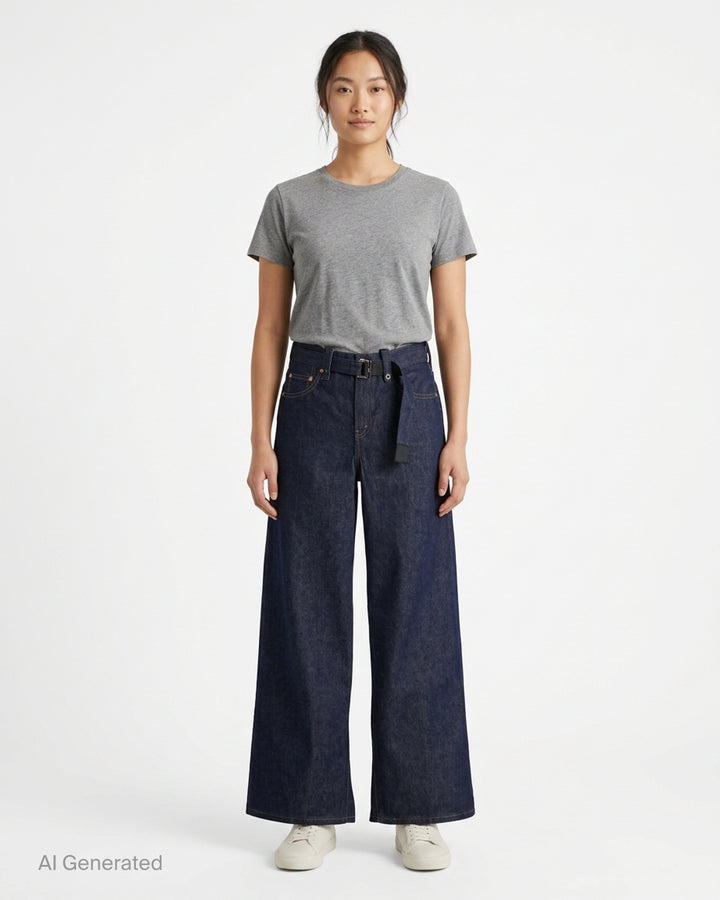 sacai x Levi's wide-leg mid-wash blue jeans with layered waistband and integrated webbing belt, shown flat from the front - front