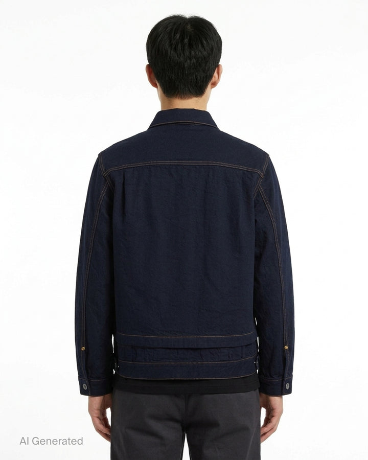 sacai indigo denim trucker jacket with contrast topstitching, pleated front panels, button-flap chest pockets and a layered hem, shown from the front - back