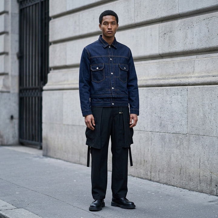 sacai indigo denim trucker jacket with contrast topstitching, pleated front panels, button-flap chest pockets and a layered hem, shown from the front - lifestyle