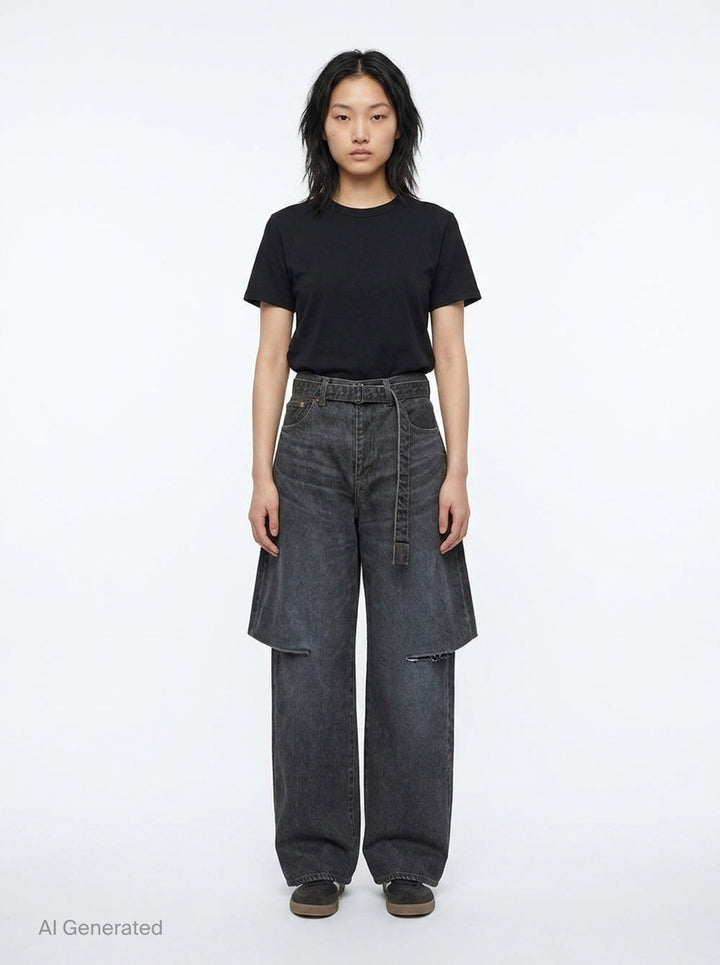 Layered Wide-Leg Denim Jeans | sacai | Club21 - front