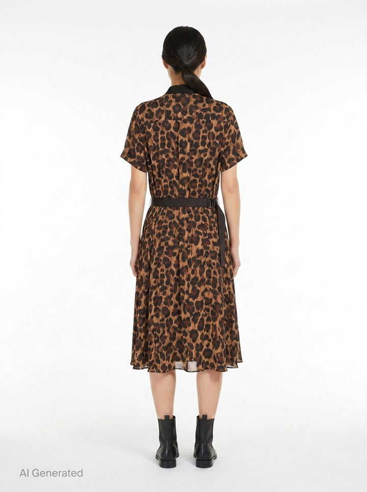 sacai Leopard Cotton Jersey Dress with black crew-neck t-shirt bodice, contrast leopard-print sleeve panels, and fluid leopard-print A-line midi skirt - back