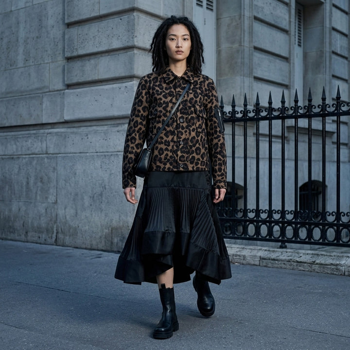 sacai Leopard x Nylon Twill Jacket in brown and black leopard print with snap button front, dual chest pockets, and MA-1 zip detail on sleeve - lifestyle