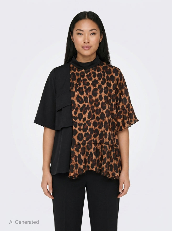 sacai Leopard Suiting Contrast Blouse featuring an asymmetric hybrid design with a solid black suiting panel, leopard-print chiffon body, mock-neck collar, flutter sleeve, and ruffled hem - front