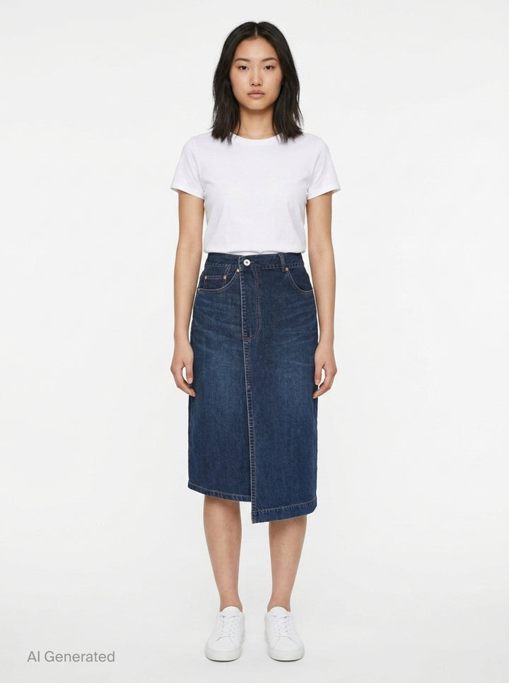 sacai washed black midi denim skirt with high waist, vertical front seam, five-pocket construction, copper rivets, and asymmetric hem slit - front