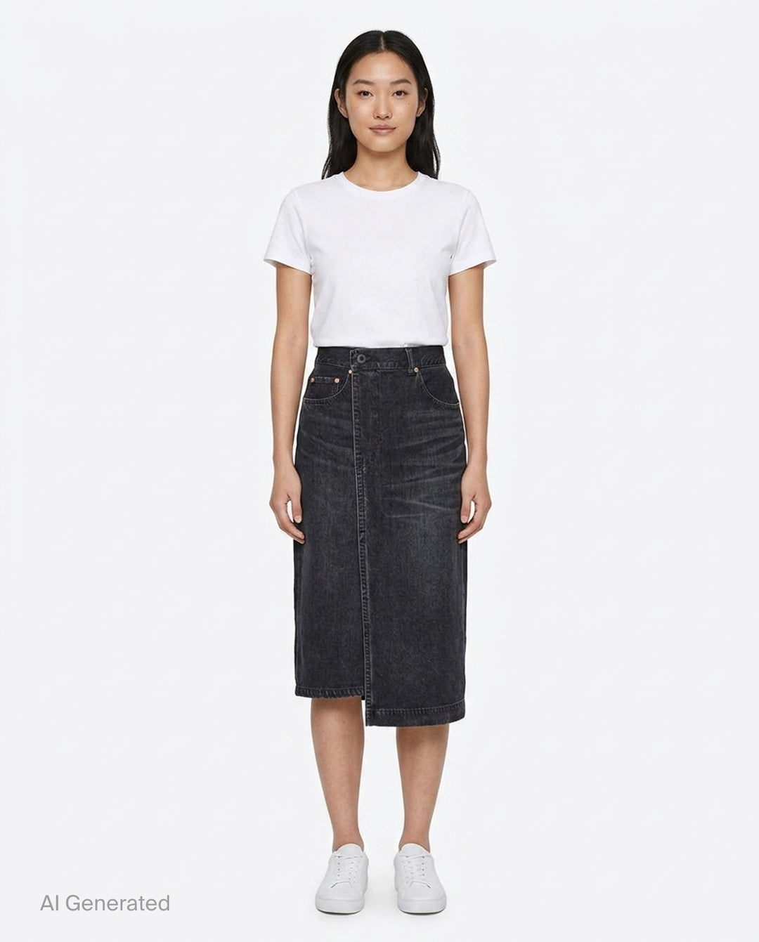 sacai washed black midi denim skirt with high waist, vertical front seam, five-pocket construction, copper rivets, and asymmetric hem slit - front