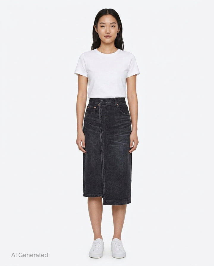 sacai washed black midi denim skirt with high waist, vertical front seam, five-pocket construction, copper rivets, and asymmetric hem slit - front