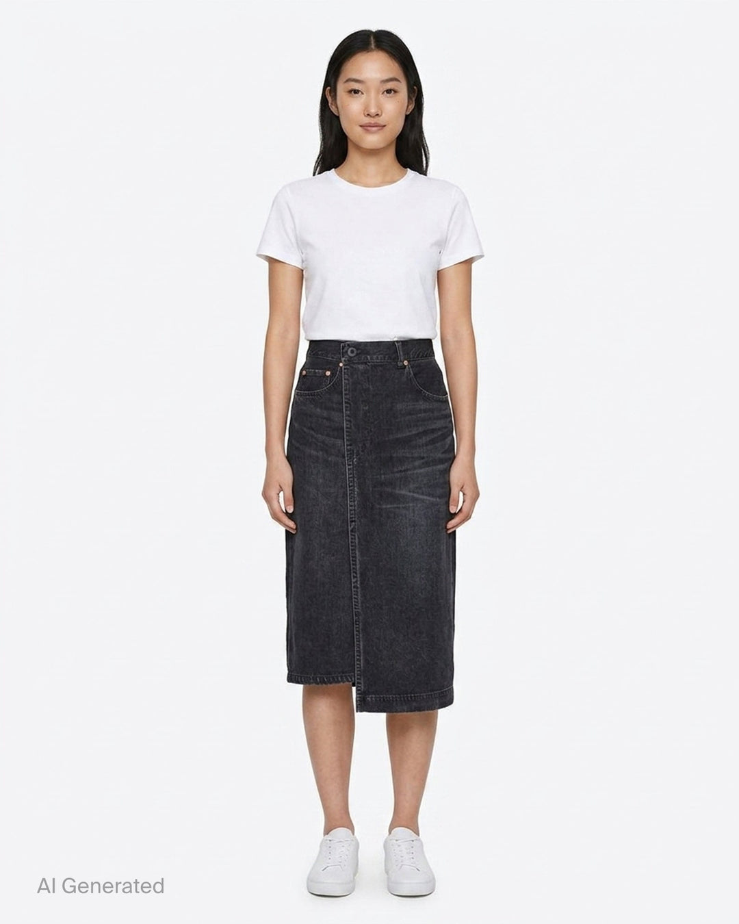 sacai washed black midi denim skirt with high waist, vertical front seam, five-pocket construction, copper rivets, and asymmetric hem slit - front