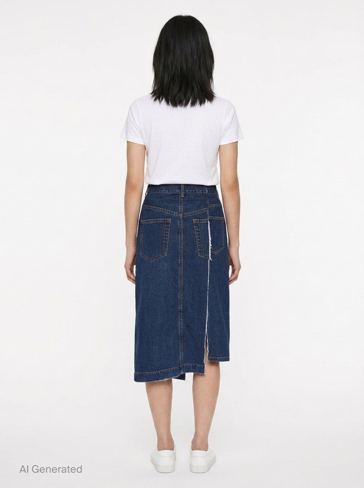 sacai washed black midi denim skirt with high waist, vertical front seam, five-pocket construction, copper rivets, and asymmetric hem slit - back