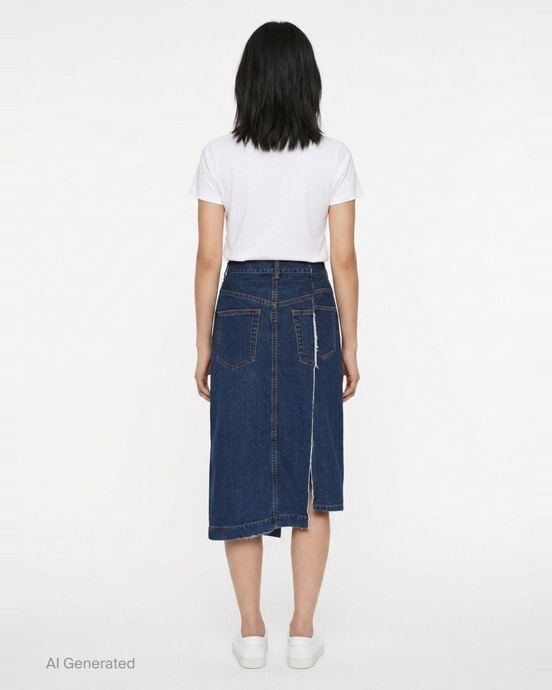 sacai washed black midi denim skirt with high waist, vertical front seam, five-pocket construction, copper rivets, and asymmetric hem slit - back