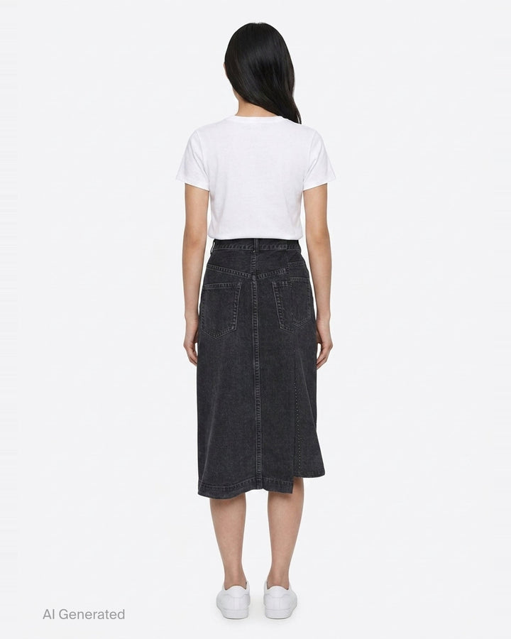 sacai washed black midi denim skirt with high waist, vertical front seam, five-pocket construction, copper rivets, and asymmetric hem slit - back