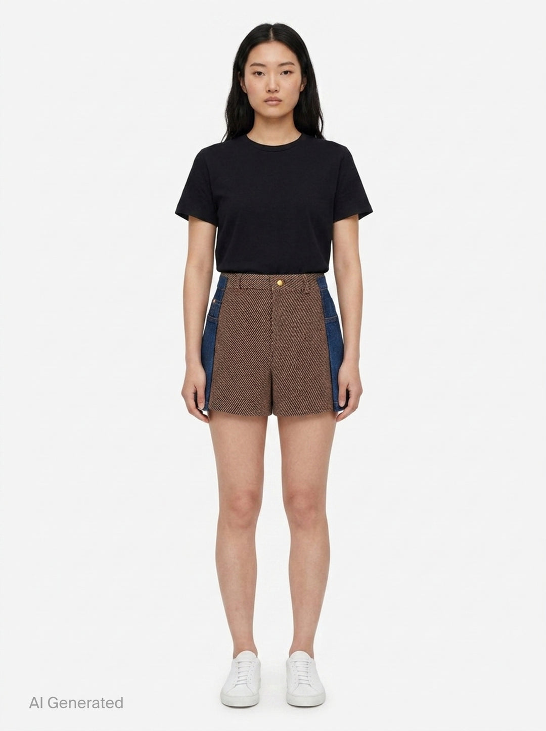 sacai Nep Tweed x Denim Shorts featuring a diagonal herringbone tweed front panel, denim side panels with orange topstitching, and a gold-tone button closure at the high waist - front