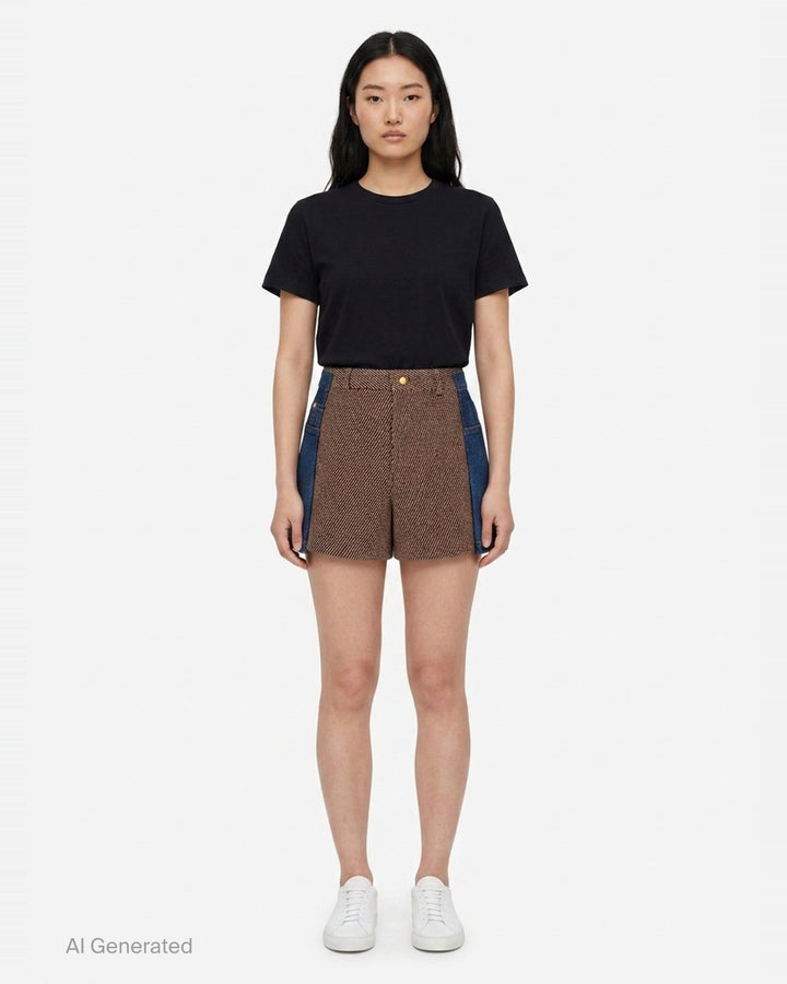 sacai Nep Tweed x Denim Shorts featuring a diagonal herringbone tweed front panel, denim side panels with orange topstitching, and a gold-tone button closure at the high waist - front